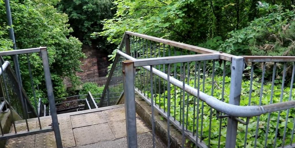 Stairs up to the platforms at Halewood Railway Station.